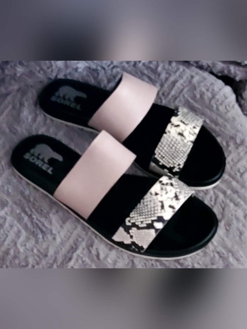 Sorel Slide Sandals in Pale Pink, Black & Snake Print
